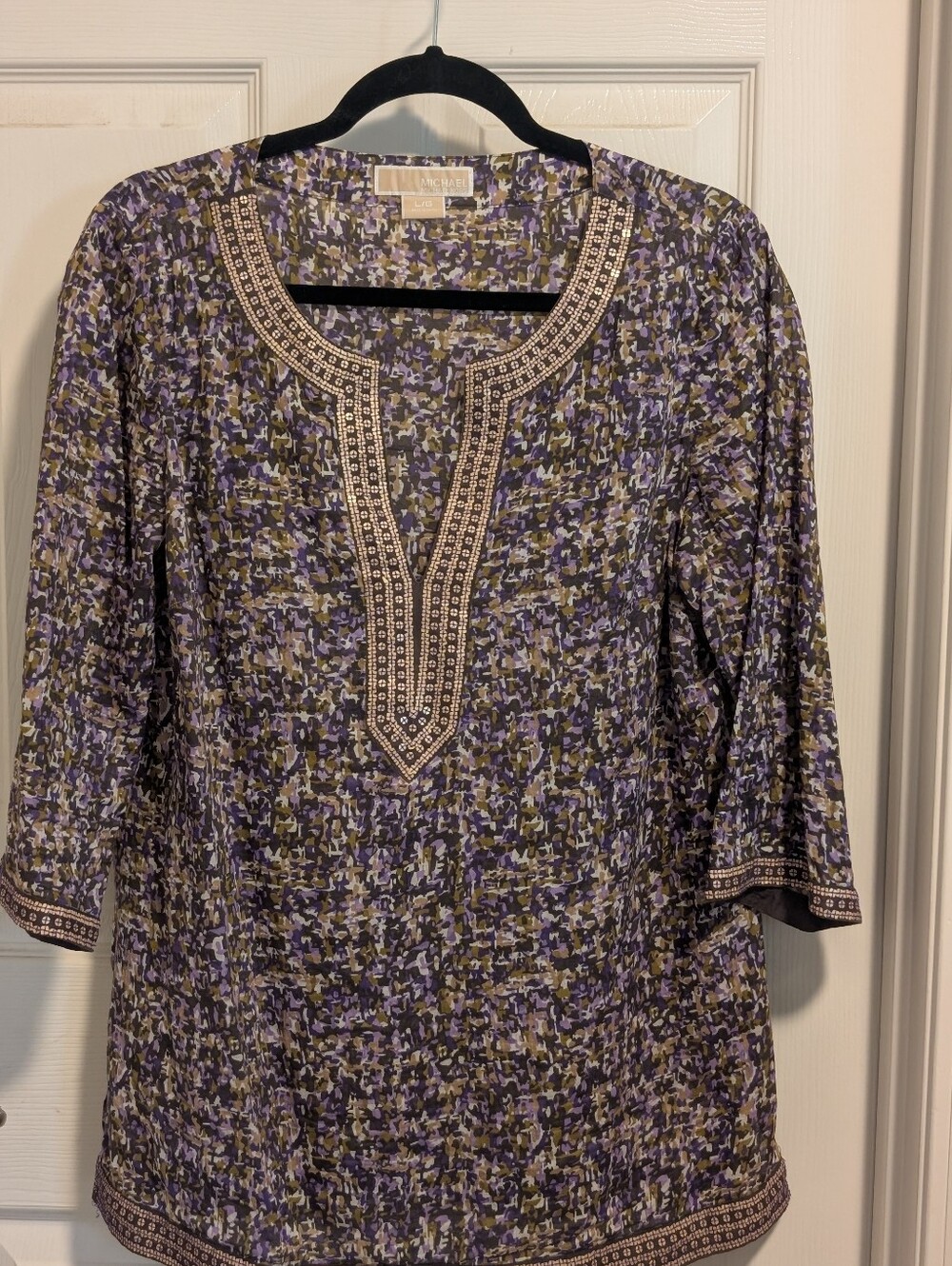 Michael Kors Purple and Olive Embroidered V‑Neck Tunic